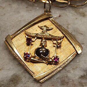 RARE VINTAGE JADE RUBY JAPANESE BUDDHA TORII GATE PAGODA 14K GOLD CHARM PENDANT